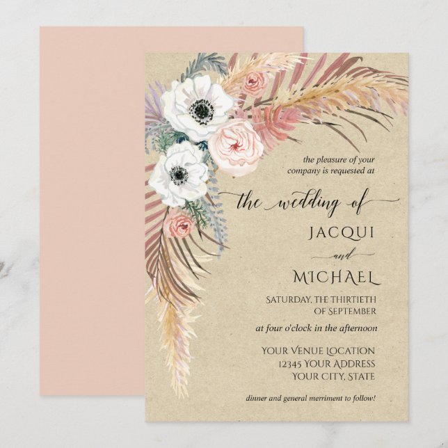 Boho White Pink Floral Pampas Grass Foliage Kraft Invitation (Front/Back)