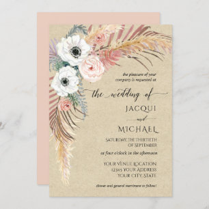 Boho White Pink Floral Pampas Grass Foliage Kraft Invitation