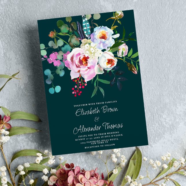 Boho white pink forest green peony floral wedding invitation (Boho white pink forest green peony floral wedding)