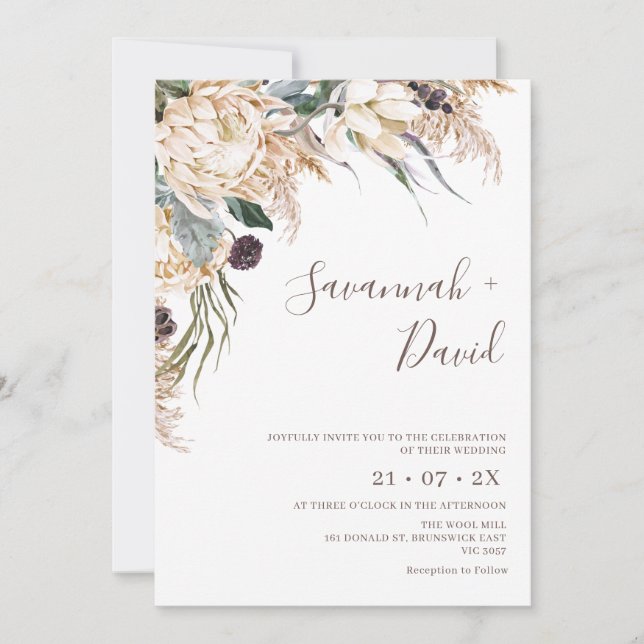 Boho White Protea Pampas Grass Wedding Invitation (Front)