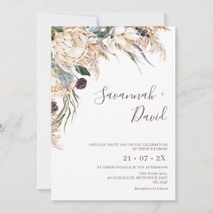Boho White Protea Pampas Grass Wedding Invitation