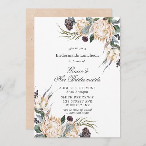 Boho White Protea Tan Bridesmaids Luncheon Invites