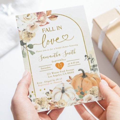 Boho White Pumpkin Fall in Love Bridal Shower Invitation