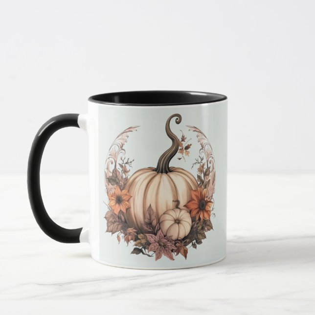 Boho White Pumpkins and Flowers Green Halloween Mug (Left)
