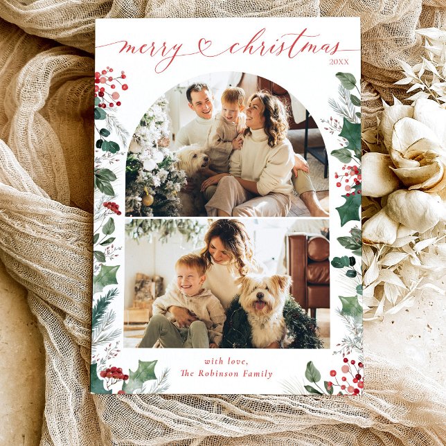 Boho White Red 2 Photo Arch Christmas Card  (Creator Uploaded)