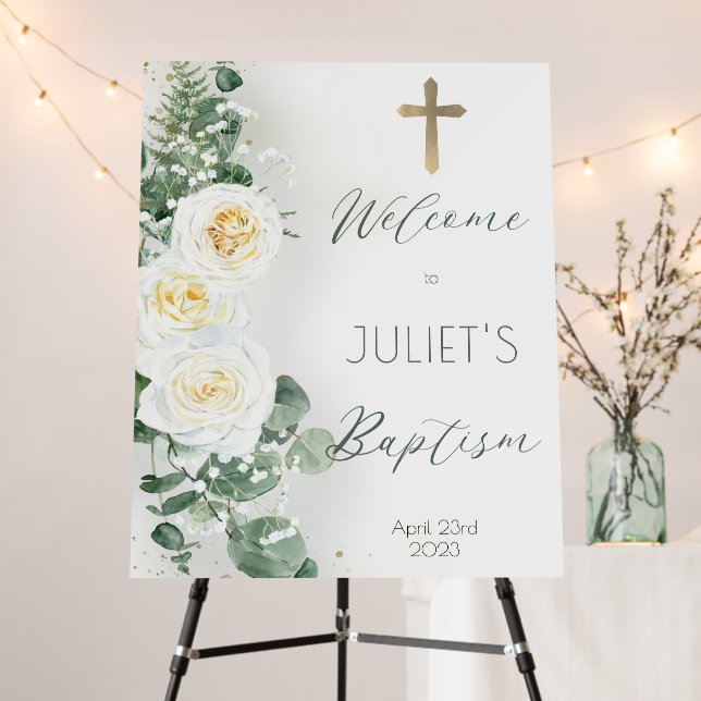 Boho White Rose Floral Eucalyptus Baptism Welcome Foam Board (In Situ (Stand))
