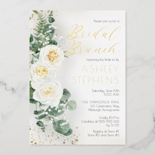 Boho White Rose Floral  Eucalyptus Bridal Brunch Foil Invitation