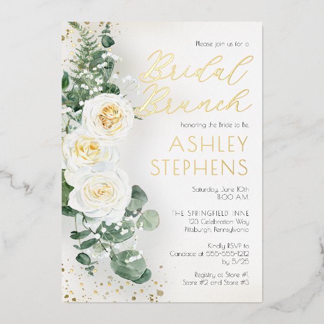 Boho White Rose Floral | Eucalyptus Bridal Brunch Foil Invitation (Front)