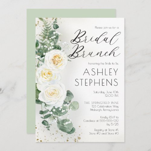 Boho White Rose Floral  Eucalyptus Bridal Brunch  Invitation