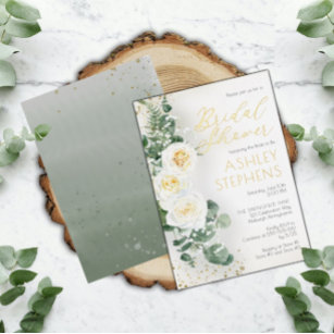 Boho White Rose Floral   Eucalyptus Bridal Shower  Foil Invitation