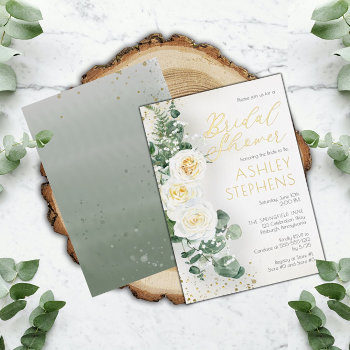 Boho White Rose Floral | Eucalyptus Bridal Shower  Foil Invitation by holidayhearts at Zazzle