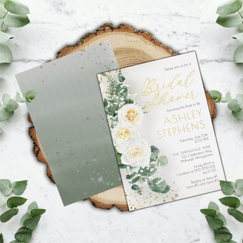 Boho White Rose Floral  Eucalyptus Bridal Shower  Foil Invitation