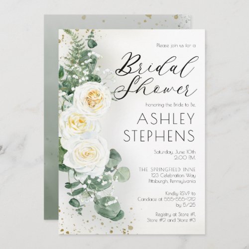 Boho White Rose Floral  Eucalyptus Bridal Shower  Invitation