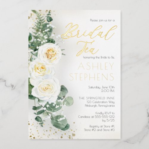 Boho White Rose Floral  Eucalyptus Bridal Tea Foil Invitation