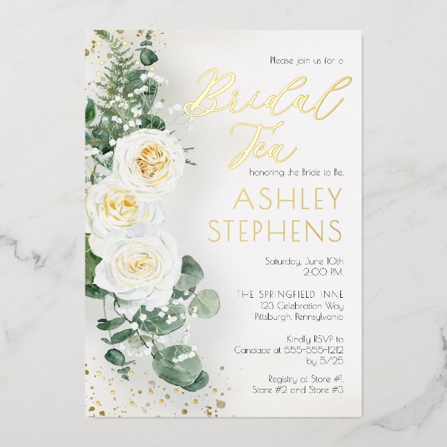 Boho White Rose Floral | Eucalyptus Bridal Tea Foil Invitation (Front)