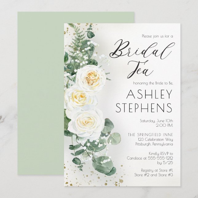 Boho White Rose Floral | Eucalyptus Bridal Tea Invitation (Front/Back)