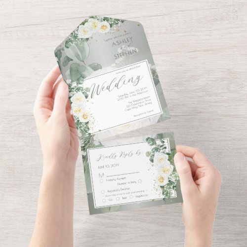 Boho White Rose Floral  Eucalyptus Wedding All In One Invitation