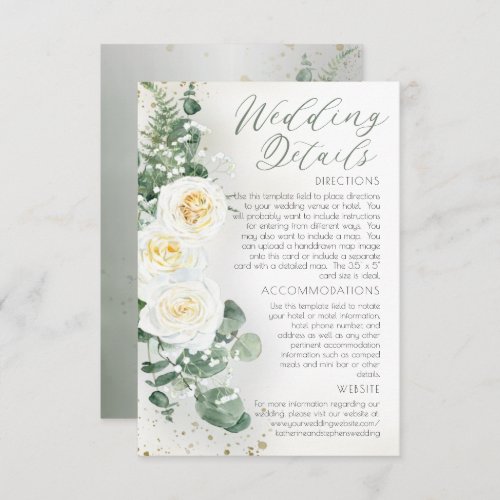 Boho White Rose Floral Eucalyptus Wedding Details Enclosure Card