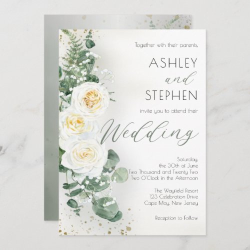 Boho White Rose Floral  Eucalyptus Wedding Invitation