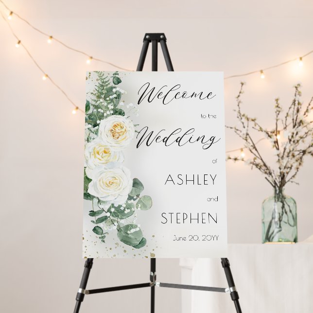 Boho White Rose Floral| Eucalyptus Wedding Welcome Foam Board (In Situ (Stand))