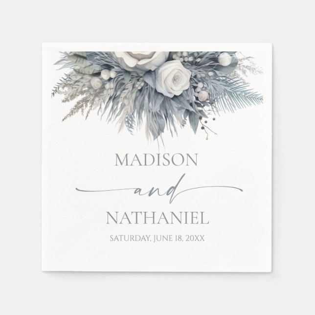 Boho White Rose Floral Flower Garden Wedding Napkins (Front)