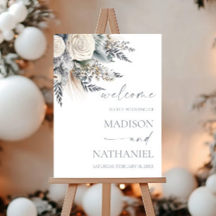 Boho White Rose Floral Flower Wedding Welcome Sign