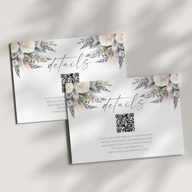 Boho White Rose Floral QR Code Wedding Details Enclosure Card (Creator Uploaded)