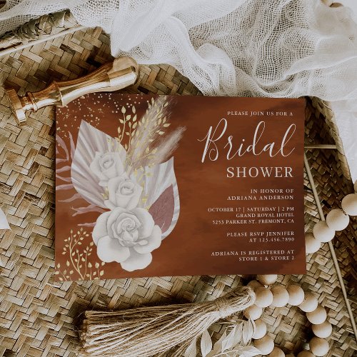 Boho White Rose Pampas Terracotta Bridal Shower Invitation
