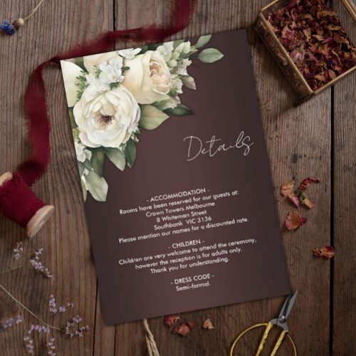 Boho White Roses and Dark Burgundy Wedding Details Enclosure Card