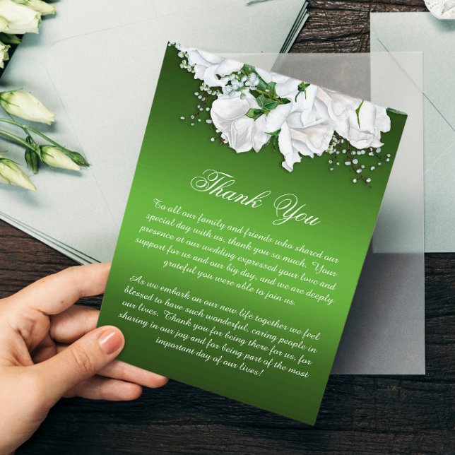 Boho White Roses and Elegant Green Wedding Thank You Card (Creator Uploaded)