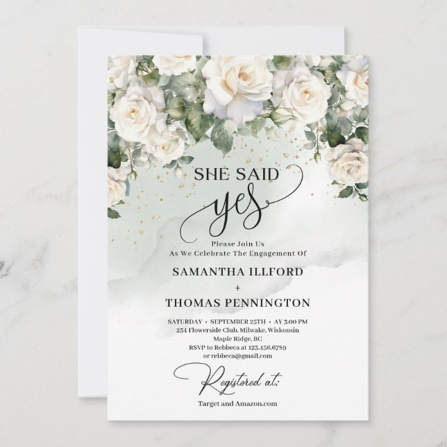 Boho white roses and green eucalyptus she said yes invitation (Front)