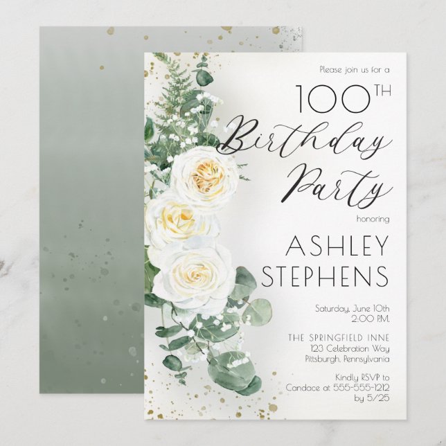 Boho White Roses Eucalyptus 100th Birthday Party Invitation (Front/Back)