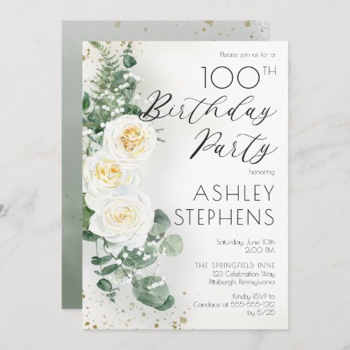 Boho White Roses Eucalyptus 100th Birthday Party Invitation
