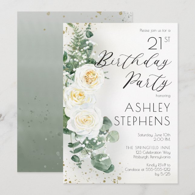 Boho White Roses Eucalyptus 21st Birthday Party Invitation (Front/Back)