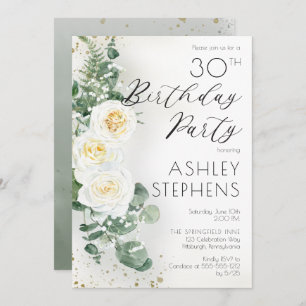 Boho White Roses Eucalyptus 30th Birthday Party Invitation