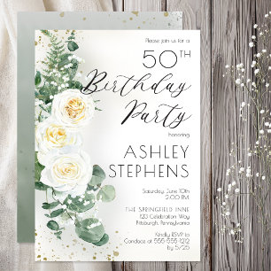 Boho White Roses Eucalyptus 50th Birthday Party Invitation