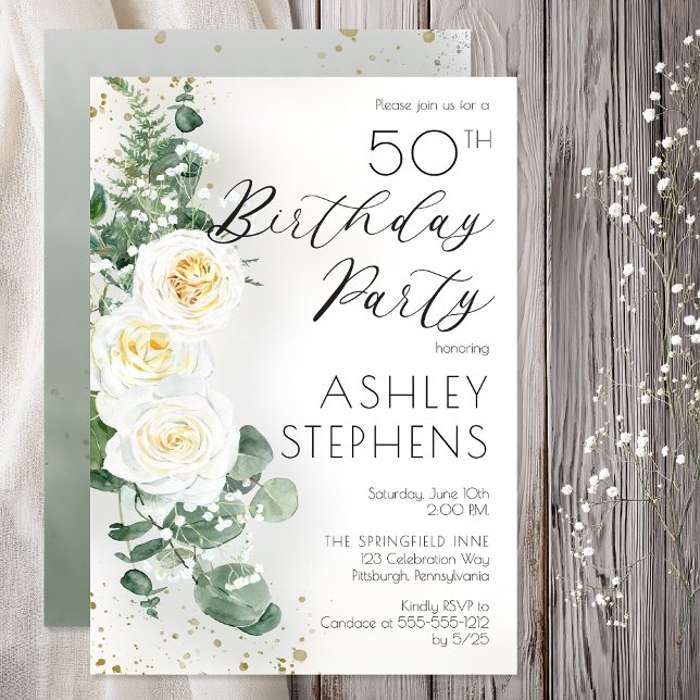 Boho White Roses Eucalyptus 50th Birthday Party Invitation (50th Birthday Party Elegant White Rose Eucalyptus Floral --Print | Digital Download)