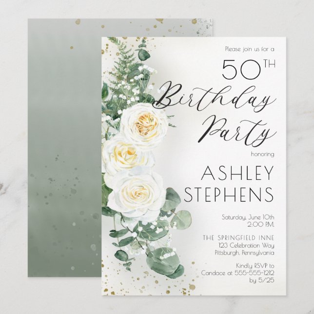 Boho White Roses Eucalyptus 50th Birthday Party Invitation (Front/Back)