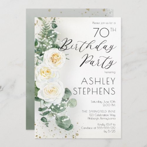 Boho White Roses Eucalyptus 70th Birthday Party  Invitation