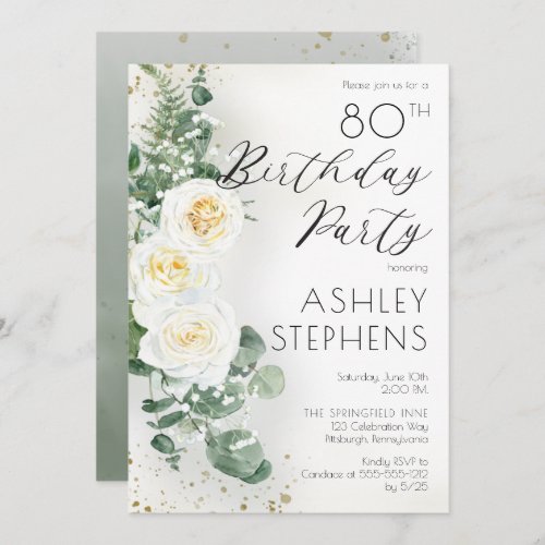 Boho White Roses Eucalyptus 80th Birthday Party  Invitation