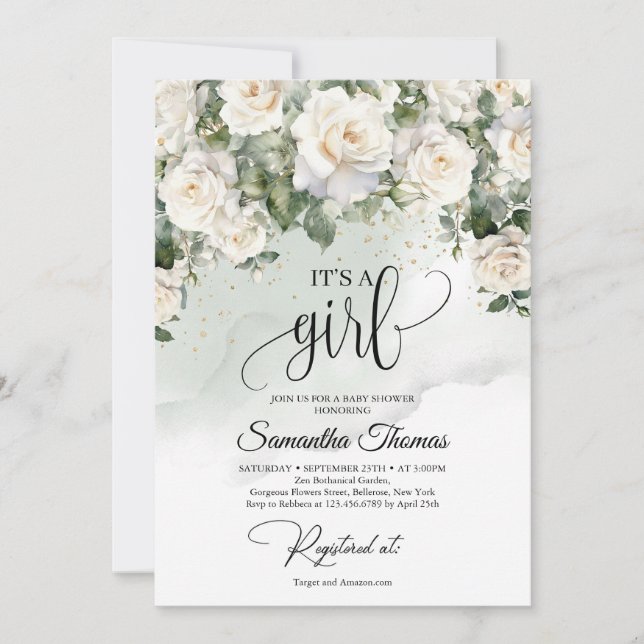 Boho white roses eucalyptus and gold It's a girl Invitation (Front)
