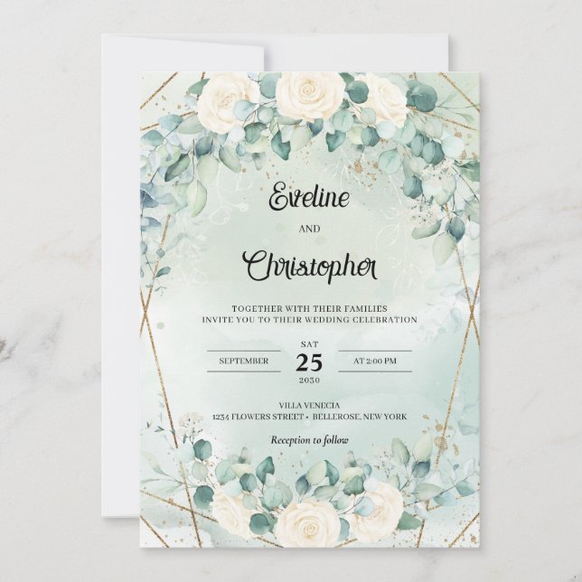 Boho white roses eucalyptus faux gold frame  invitation (Front)