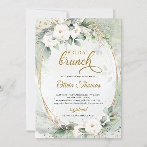 Boho White roses eucalyptus foliage faux gold  Invitation