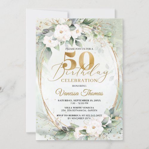 Boho White roses eucalyptus gold oval 50th  Invitation