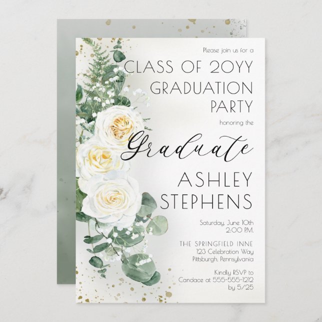 Boho White Roses Eucalyptus Graduation Party Invitation (Front/Back)