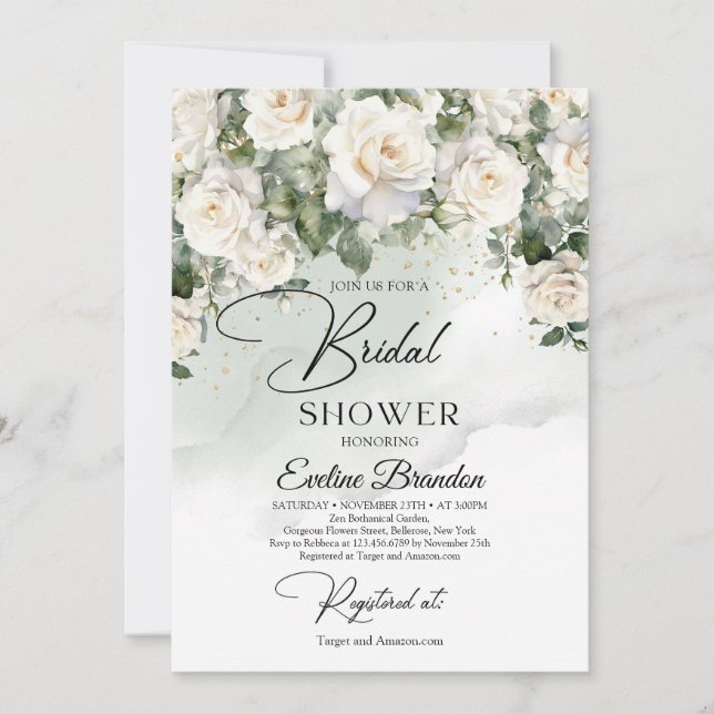 Boho white roses eucalyptus greenery and gold invitation (Front)