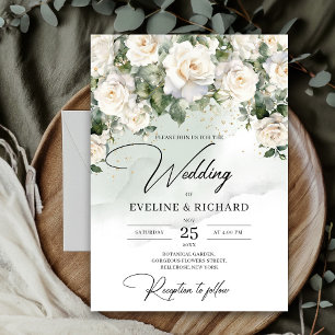 Boho white roses eucalyptus greenery and gold invitation
