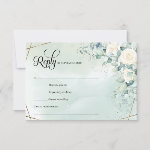 Boho white roses eucalyptus greenery faux gold RSVP card