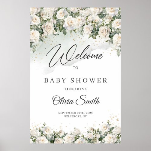 Boho White Roses Floral Garden Baby Shower welcome Poster