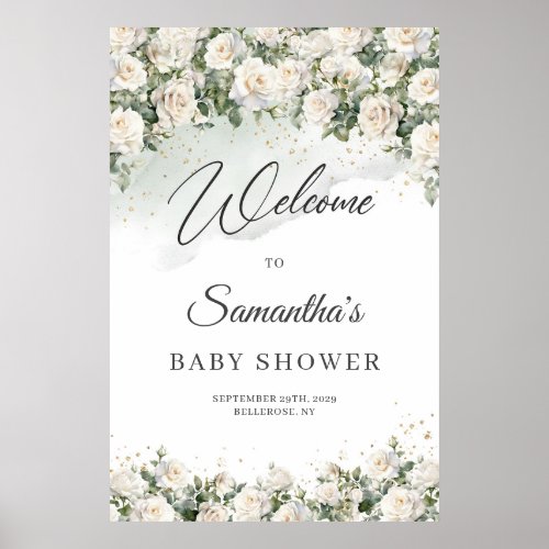 Boho White Roses Floral Garden Baby Shower welcome Poster